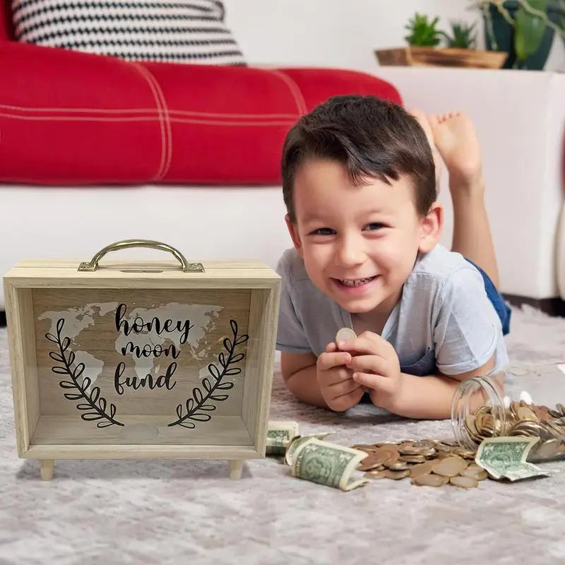 Money Saving Box Coin Saver Wooden Money Bank With Clear Window Reusable Cash Savings Case For Couples Friends Partners Children