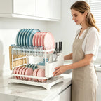 2-Tier Kitchen Dish Drying Rack, Bowl Tableware Drainer with Chopsticks Knife Fork & Cup Storage Holder
