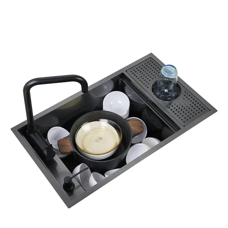 304 Stainless Steel Kitchen Sink Concealed Folding Faucet With Cup Washer Coffee Shop Milk Tea Bar 55cmx32cm Sink