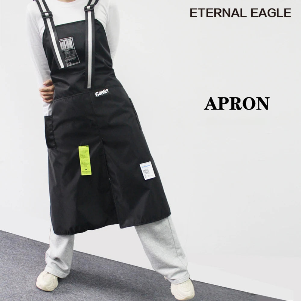 New Trendy Aprons Waterproof Oil Resistant 2 Bags Bibs Coffee Shop Hairdresser Slit Overall Chef Adjustable Nail Salon Apron