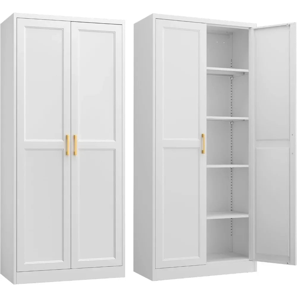 Kitchen Pantry Cabinet,71”White Metal Pantry Storage Cabinet with Doors and 4 Adjustable Shelves,Kitchen Cabinet with 2