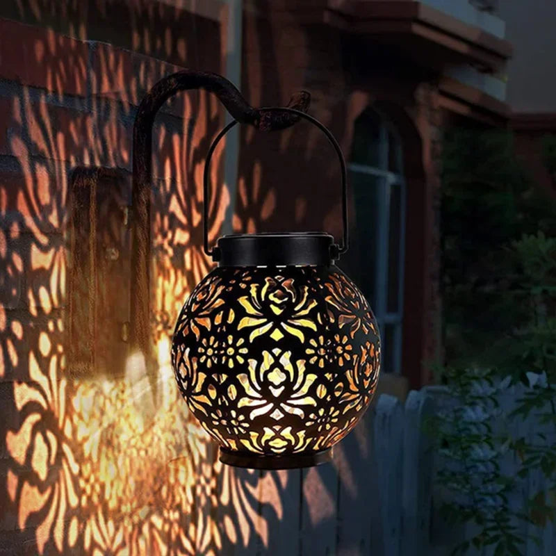 Solar Powered Hollow Ball Garden Light Waterproof Iron Metal Pendant Landscape Projection Hanging Decor for Outdoor Garden Decor