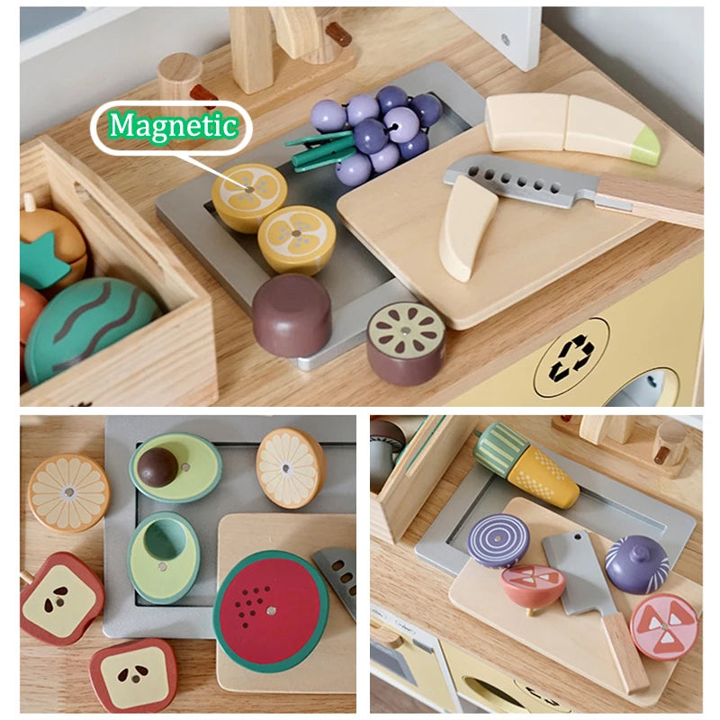 Wooden Kitchen Pretend Play Set Magnetic&Hook Loop Cutting Foods Game Fruits Vegetables Meat Dessert Educational Role Play Toys