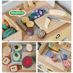 Wooden Kitchen Pretend Play Set Magnetic&Hook Loop Cutting Foods Game Fruits Vegetables Meat Dessert Educational Role Play Toys