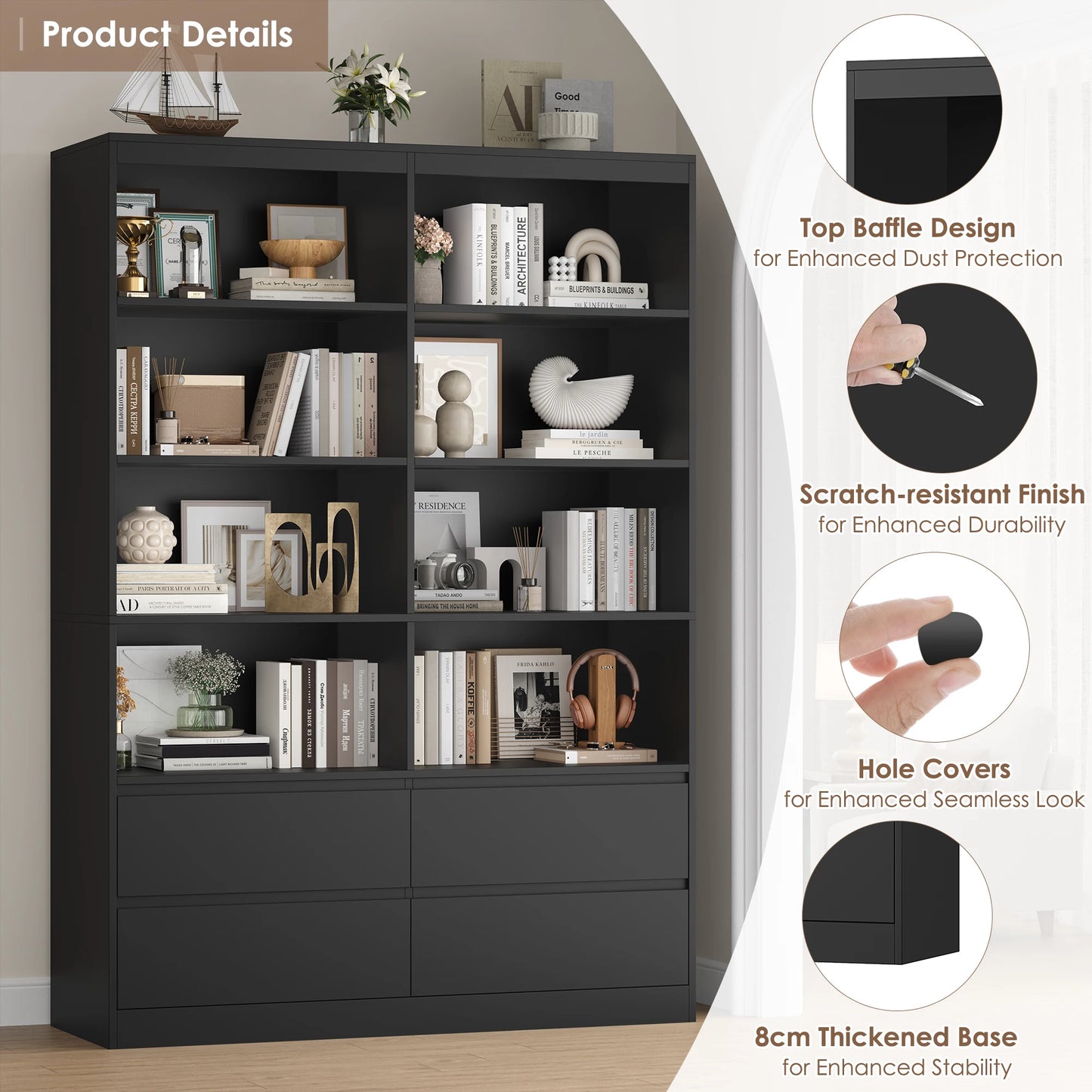 Getone Bookshelf 6 Tier Bookcase White with Drawers 8 Open Compartments Bookshelf Living Room Bookcase  Tall Shelving Unit Free Standing Display Cabinet for Office Home 180x120x30cm