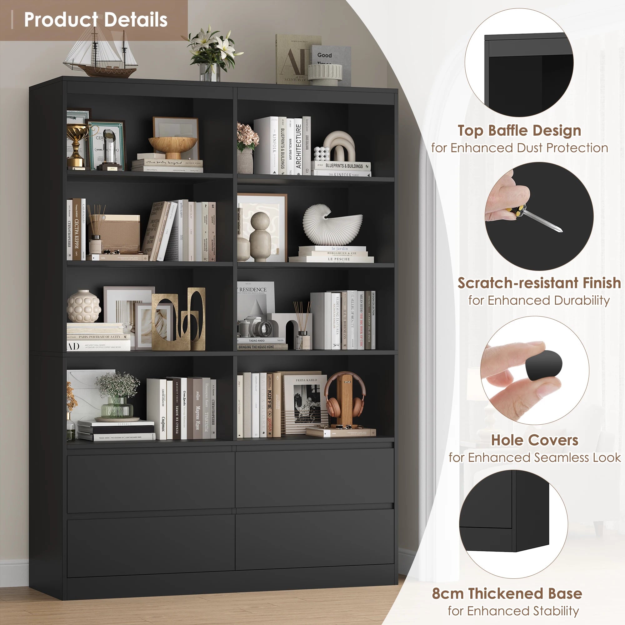 Getone Bookshelf 6 Tier Bookcase White with Drawers 8 Open Compartments Bookshelf Living Room Bookcase  Tall Shelving Unit Free Standing Display Cabinet for Office Home 180x120x30cm