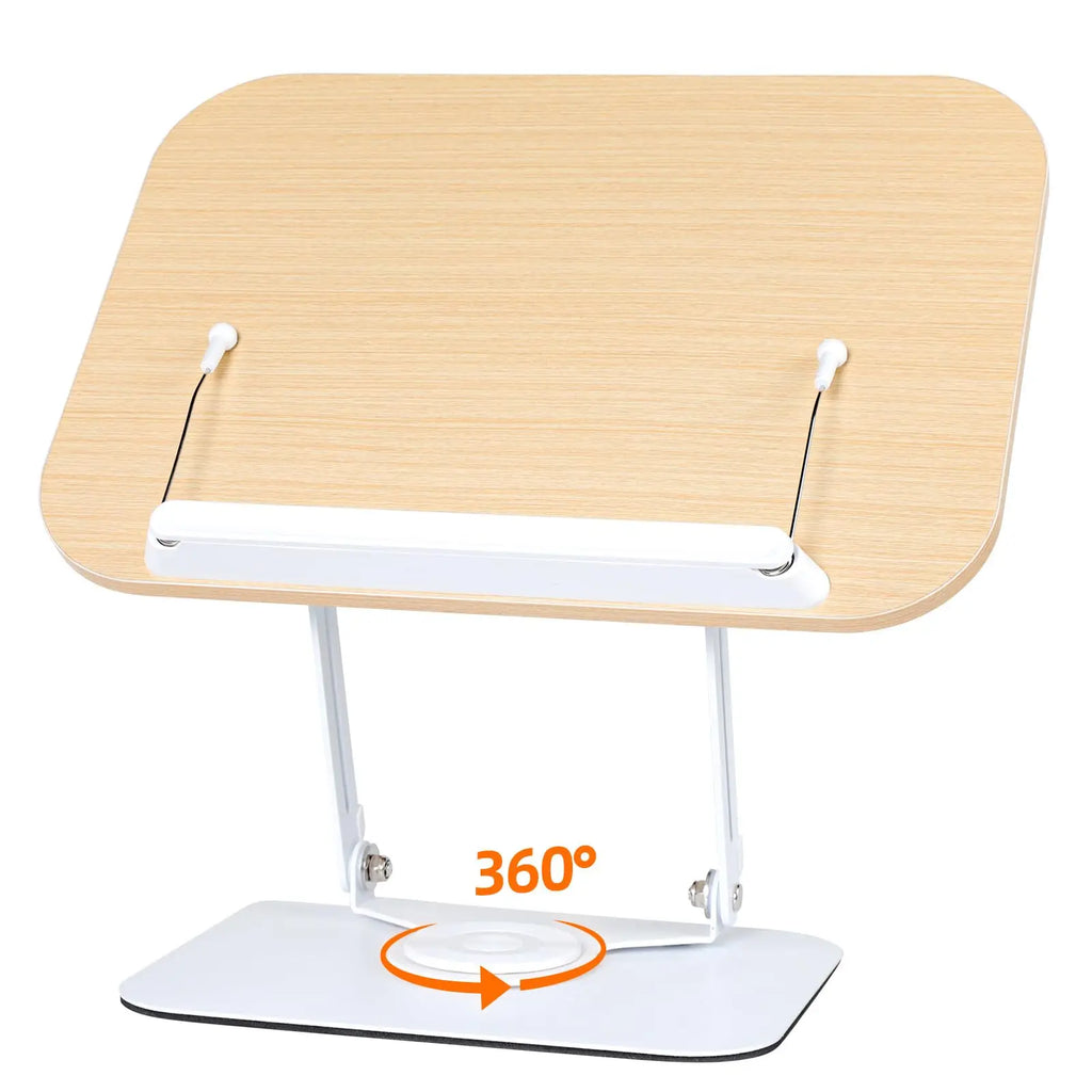 Book Stand for Reading, Adjustable Book Holder with 360° Rotating Base & Elastic Page Clips, Foldable Cookbook Stand for Office