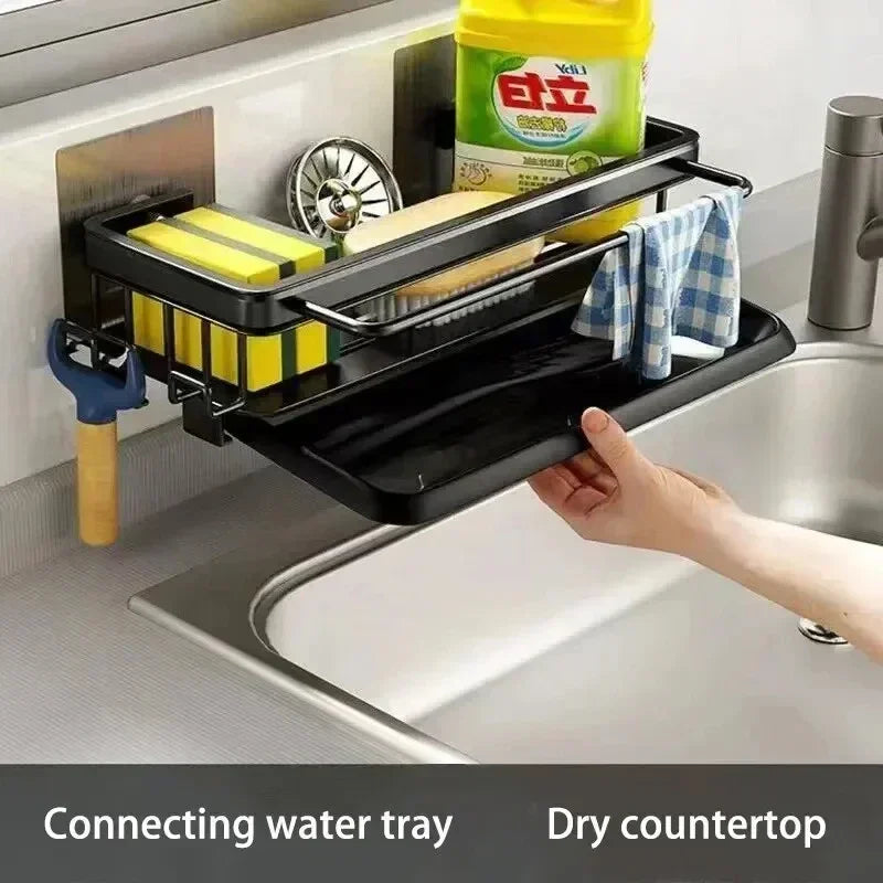 Aluminum Kitchen Sink Drain Rack Suction Cup Wall-mounted Ready-to-attach Kitchen Storage and Organization with Drain Tray