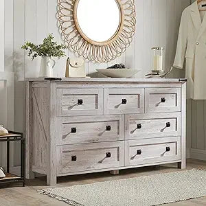 Farmhouse 7 Drawers Tv Stand, Wood Rustic, Storage Dressers Organizer for Bedroom, Living Room,Hallway, Light Rustic Oak