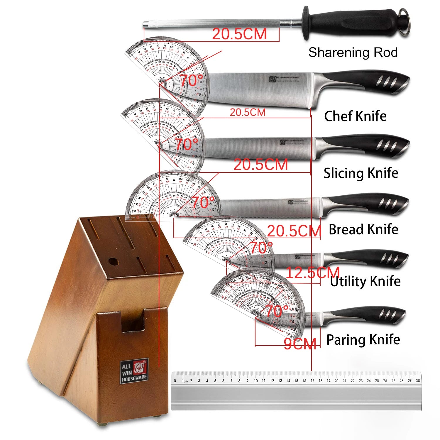 High-quality 8piece premium stainless steel kitchen knife set including kitchen chef knives with rubber wood block knife holders