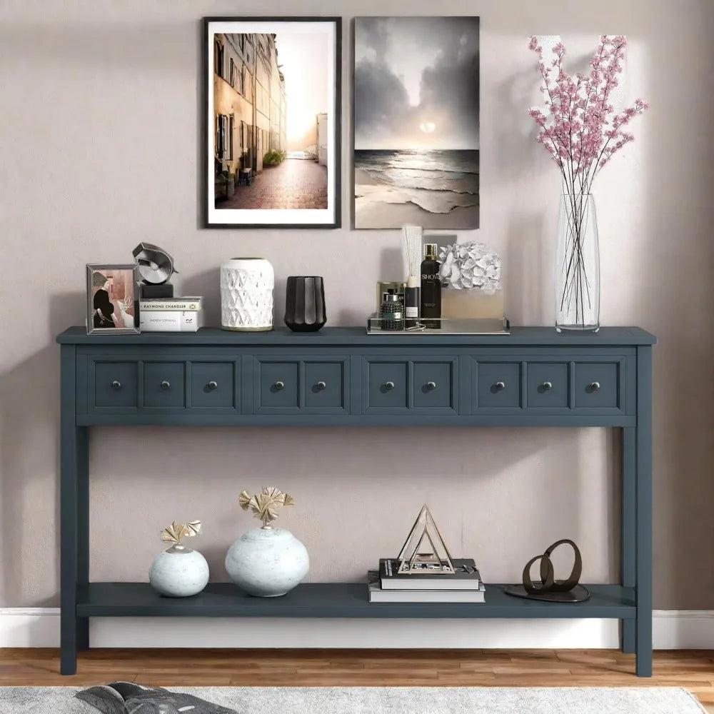 Merax Long Farmhouse Entryway Table with Storage Drawers and Bottom Shelf, Sofa Console Table for Living Room Hallway, Navy Blue
