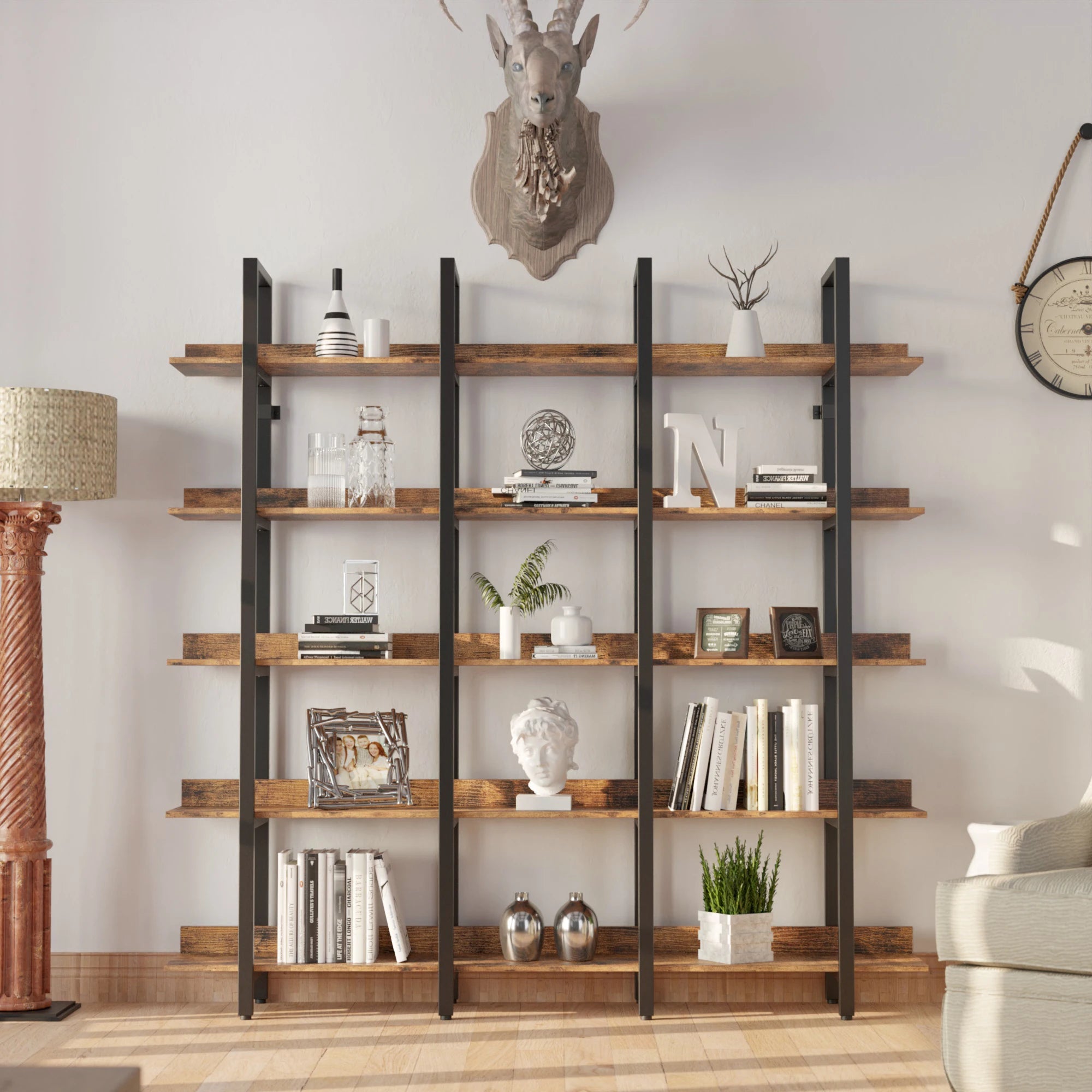 IRONCK Bookcase and Bookshelves Triple Wide 6-Tiers Large Open Shelves, Etagere Bookcases with Back Fence for Home Office Brown
