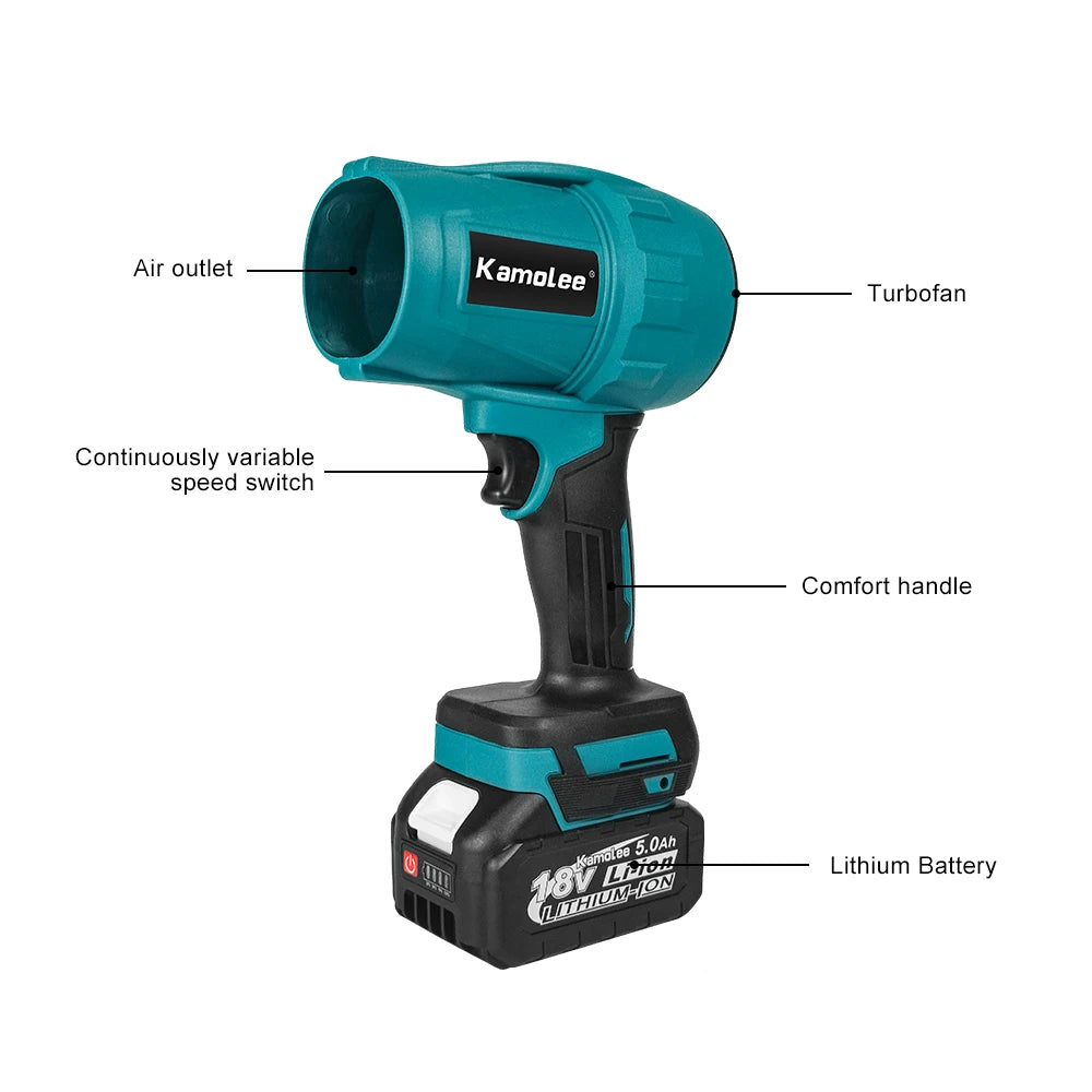 Kamolee Brushless 2000W Electric Turbo Blower Jet Fan 200M/S Car Dryer Handheld Dust Blowing Tool Apply to 18V 21V Battery
