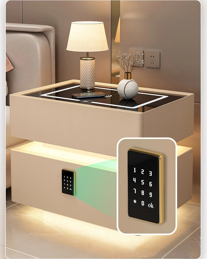 Modern Style Solid Wood Bedside Table with Wireless Charging Smart 2 Drawers Bedroom Nightstands with Lock 40/45/50cm