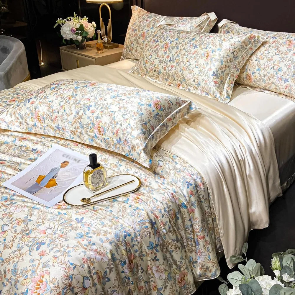 Floral Duvet Cover King Size, with Flat Sheet, 4 Pieces Satin Soft Bedding, 1 Breathable Duvet Cover 104x90 Inches, Bedding Set