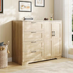 Multifunctional Wooden Dresser for Bedroom, 43.3'' H 2 Door Wardrobe Armoire Closet with 4 Drawers and Hanging Rod