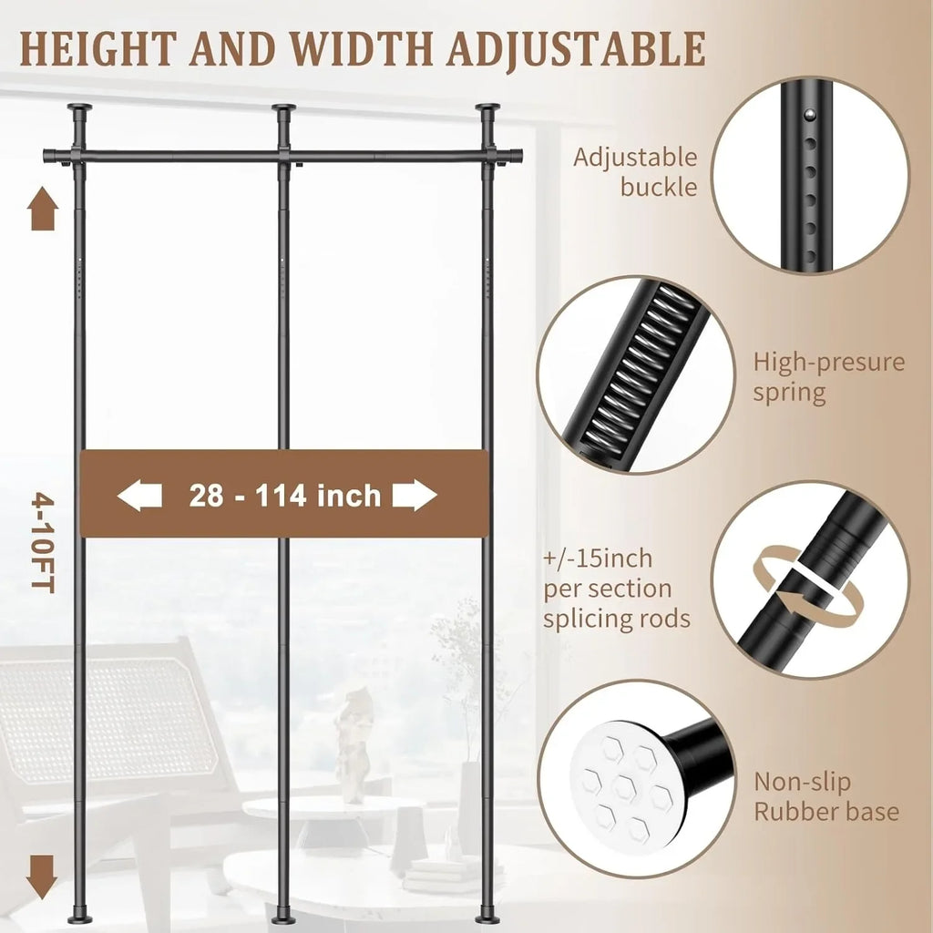 Room Divider, Height and Width Adjustable No Drilling Curtain Rod, Heavy Duty Metal Tension Wall Divider for Room Separation