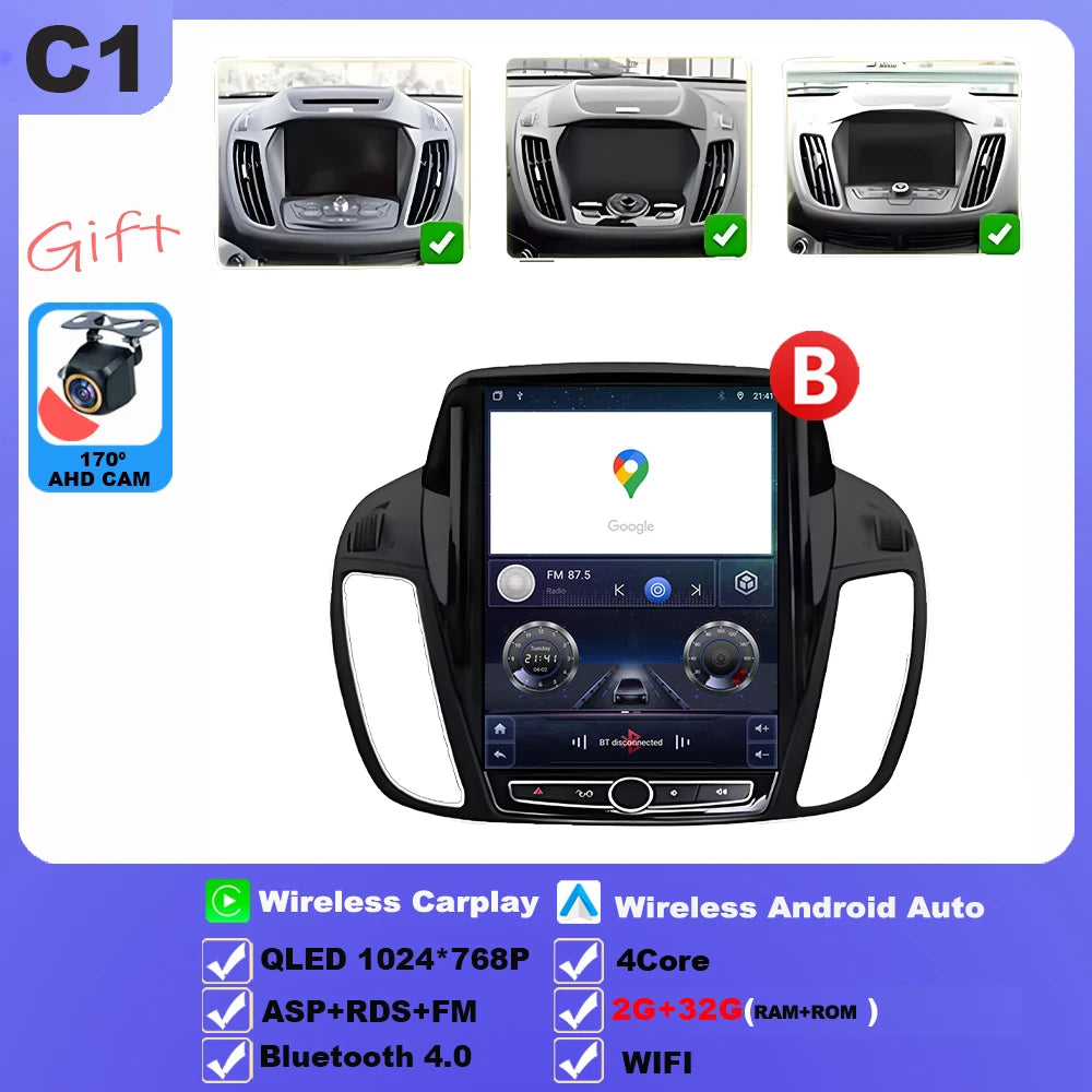 Wireless Android 15 Carplay For Ford Kuga 2 Escape 3 2012-2019 9.7 Inch Tesla Style Car Multimedia Player 5G Wifi Touch Display