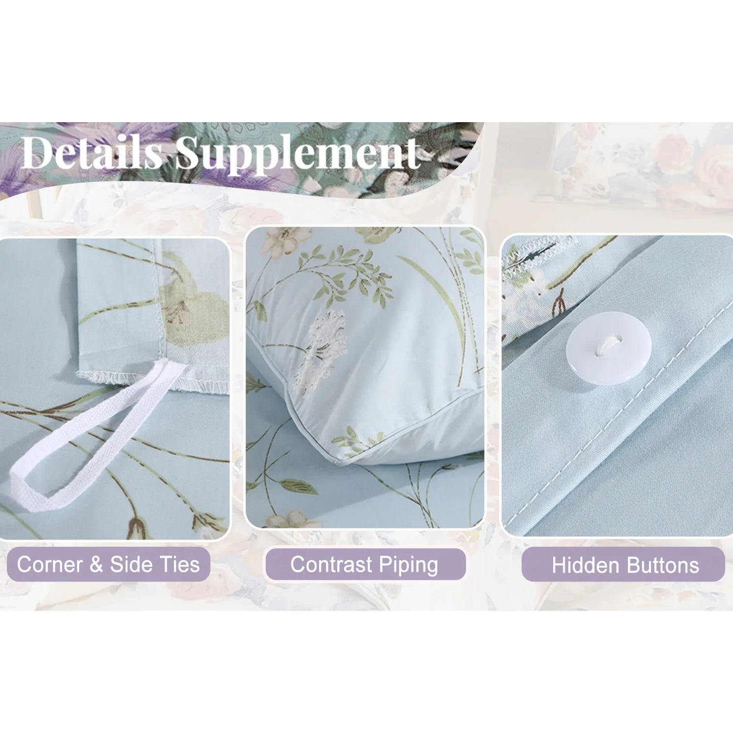 3pcs 600TC 100% Egyptian Cotton Duvet Cover Set, Light Blue Shabby Chic Floral, Soft Skin-Friendly (No Inserts)