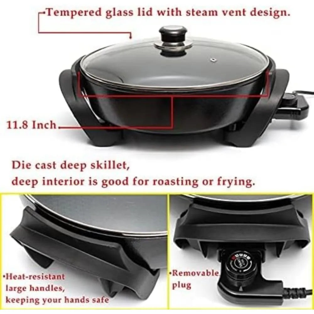 Round Nonstick Electric Skillet With Lid, Aluminum 12 Inch Electric Frying Pan, 2 Layers Of Non-Stick Coating