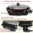 Round Nonstick Electric Skillet With Lid, Aluminum 12 Inch Electric Frying Pan, 2 Layers Of Non-Stick Coating