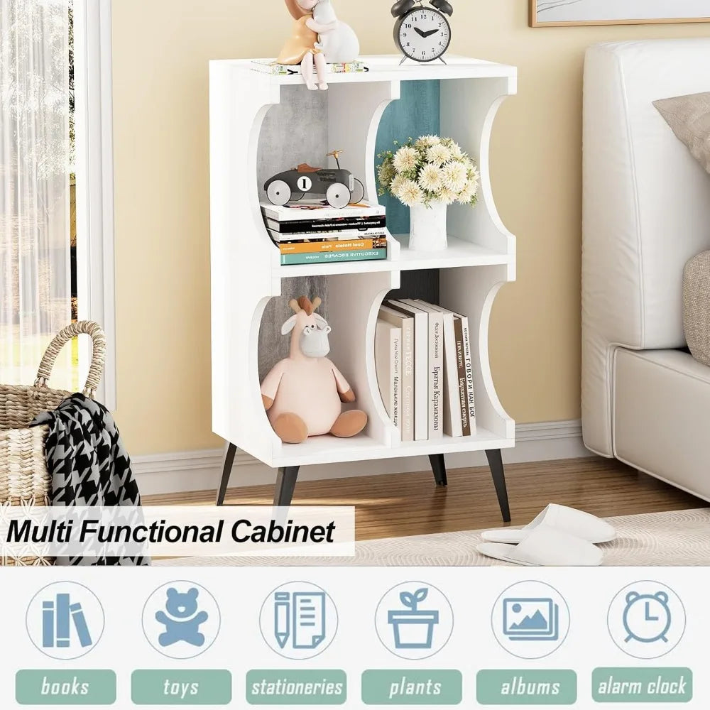 4 Cube Bookcase,White Open Cube Small Bookshelf Circle Arc Storage Shelf Display Cabinet,2 Tiers Modern Wooden Bookcase
