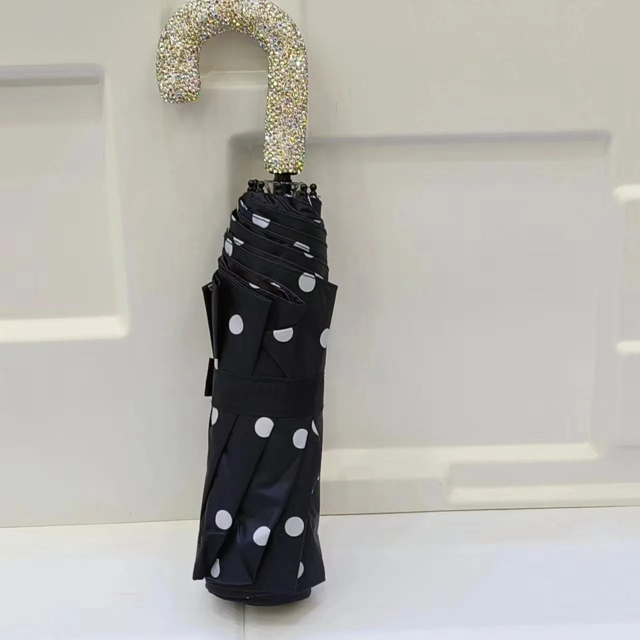 Bling Rhinestones Handle Sunshade Umbrella Women's Sunshine Rain Umbrella Portable Polka Dots Anti UV Folding Sun Umbrella