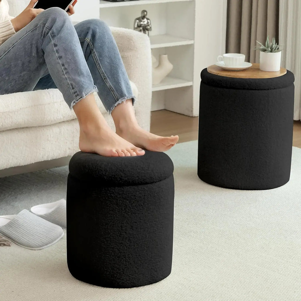 Round Ottoman With Storage Set Of 2, Small Vanity Stool With Storage As Vanity Chair, Sherpa Black Ottoman Foot Rest For Small