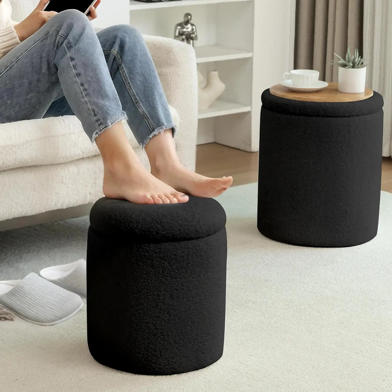 Round Ottoman With Storage Set Of 2, Small Vanity Stool With Storage As Vanity Chair, Sherpa Black Ottoman Foot Rest For Small