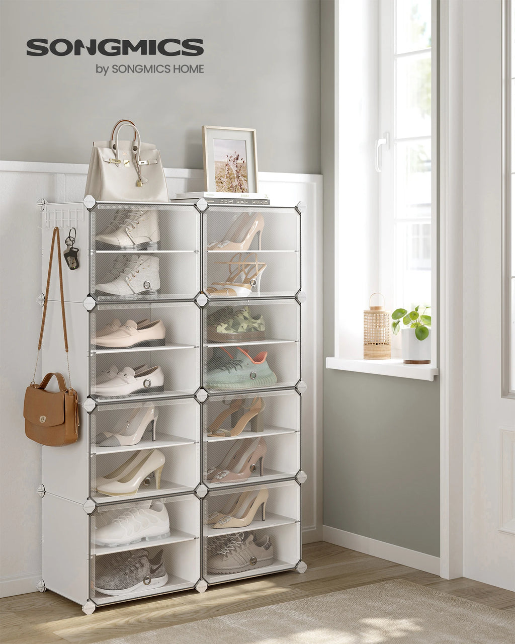 SONGMICSHOME 8-Cube Shoe Rack Organizer 32-Pair Plastic Storage Cabinet for Bedroom Entryway with Steel Frame