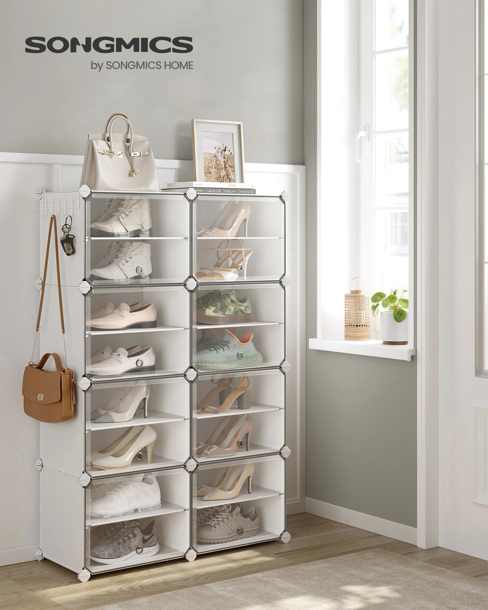 SONGMICSHOME 8-Cube Shoe Rack Organizer 32-Pair Plastic Storage Cabinet for Bedroom Entryway with Steel Frame
