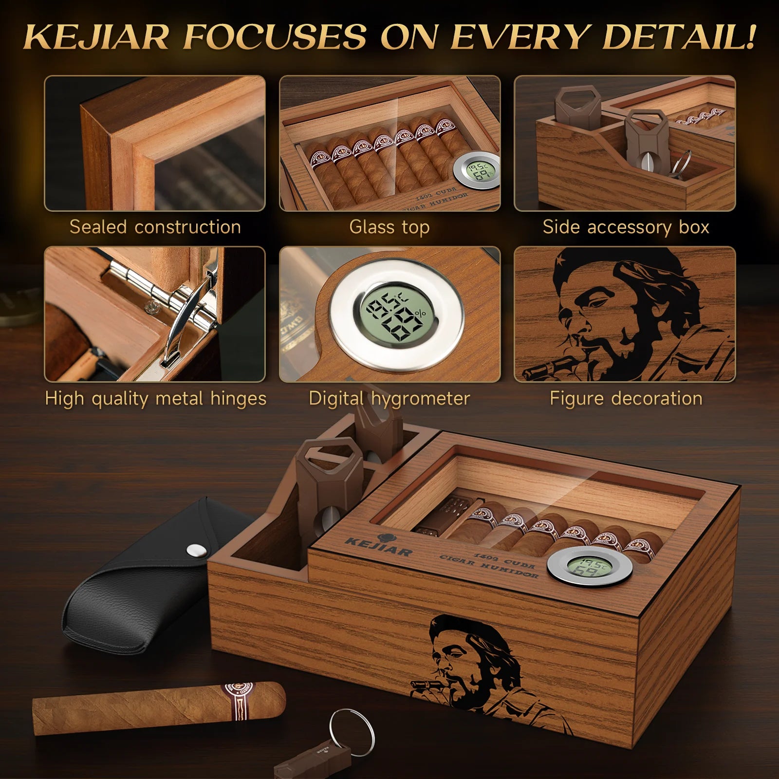 Cigar Humidor with Cigar Cutter,V-Cutter,Punch Set,Humidor Cigar Box with Humidifier and Digital Hygrometer,Glass Top Cedar Case