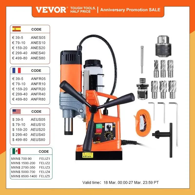 VEVOR 1300W 1400W 2" Electric Drilling Machine Magnetic Drill Press Boring Diameter Power Drill 810 PRM 1-second Release Drill