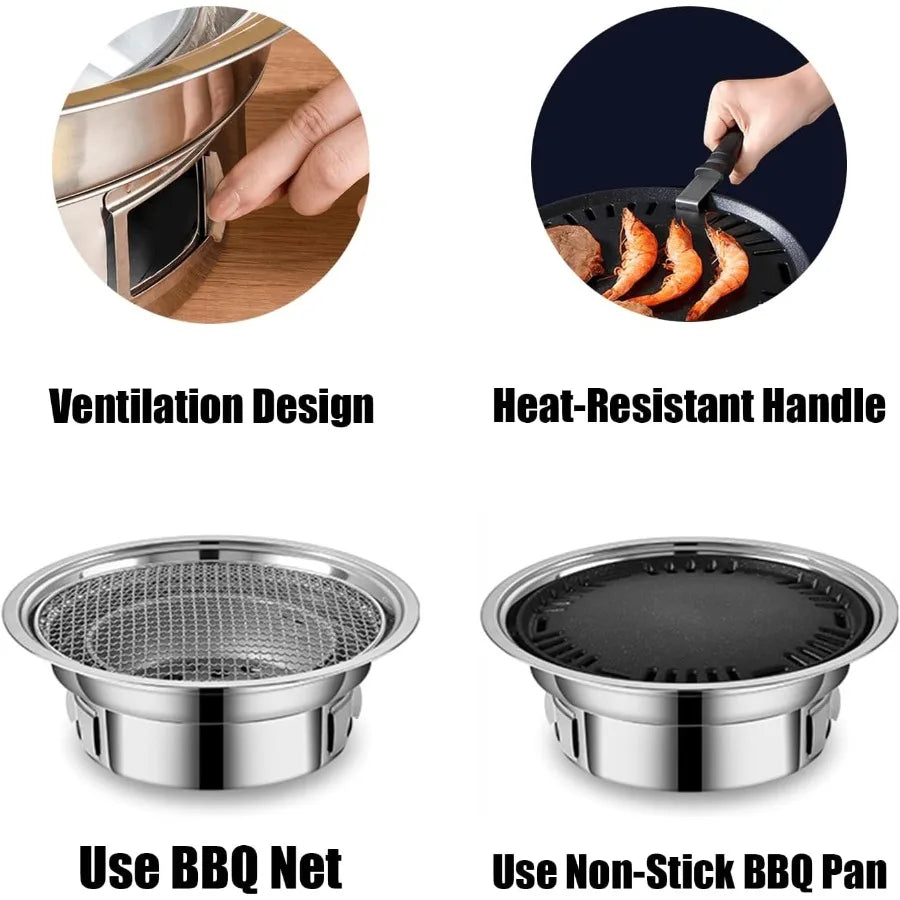 Portable Korean BBQ Grill | Stainless Steel Charcoal Non-Stick Round Stove