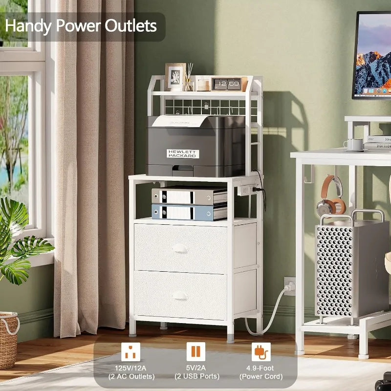 41'' Tall Nightstand with Charging Station, Bedside Table with LED Lights, End Table with 2 Drawers and Storage Shelves