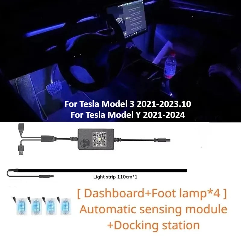 For Tesla Model 3 Y 64Colors RGB Neon LED Center Console Dashboard Wireless Charging Light Ambient Lamp USB Power APP Controller