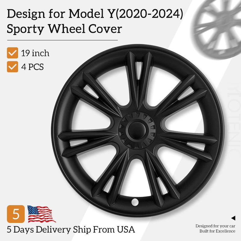 4 PCS 19Inch Sporty Wheel Hub Cap Matte Black Automobile Wheel Hub Fully Wrap Rim Cover Replacement for Tesla Model Y 2020-2024