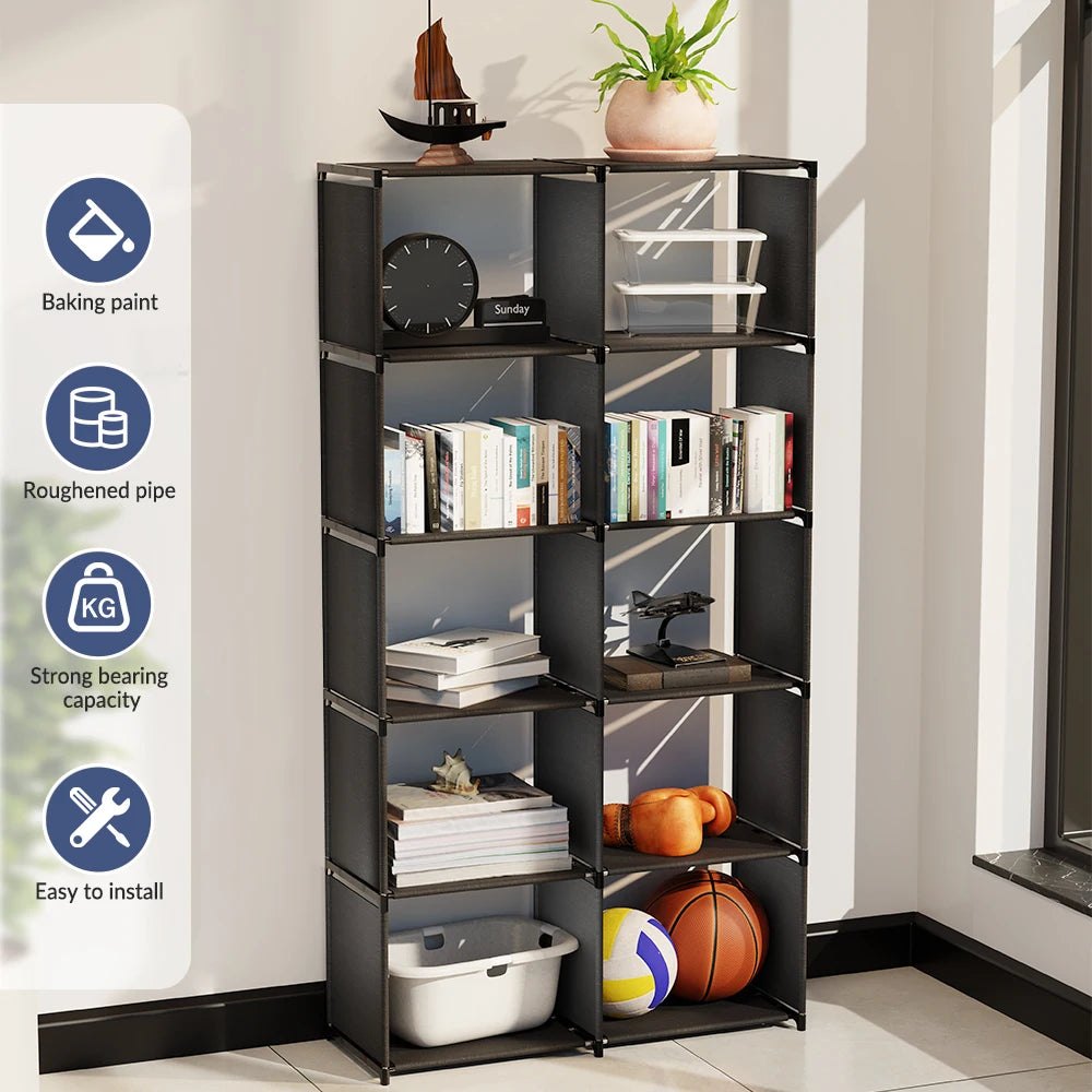 6-Tier Freestanding Bookshelf with Double Rows 10-Compartment Wardrobe Storage Organizer for Bedroom Living Room Office