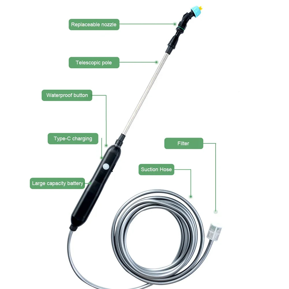 Electric Sprayer with 2/3/5/6/8m PipesGarden Watering Spray Gun with 2/4 Nozzles Type-C/USB Telescopic Irrigation Tools 전기 분무기