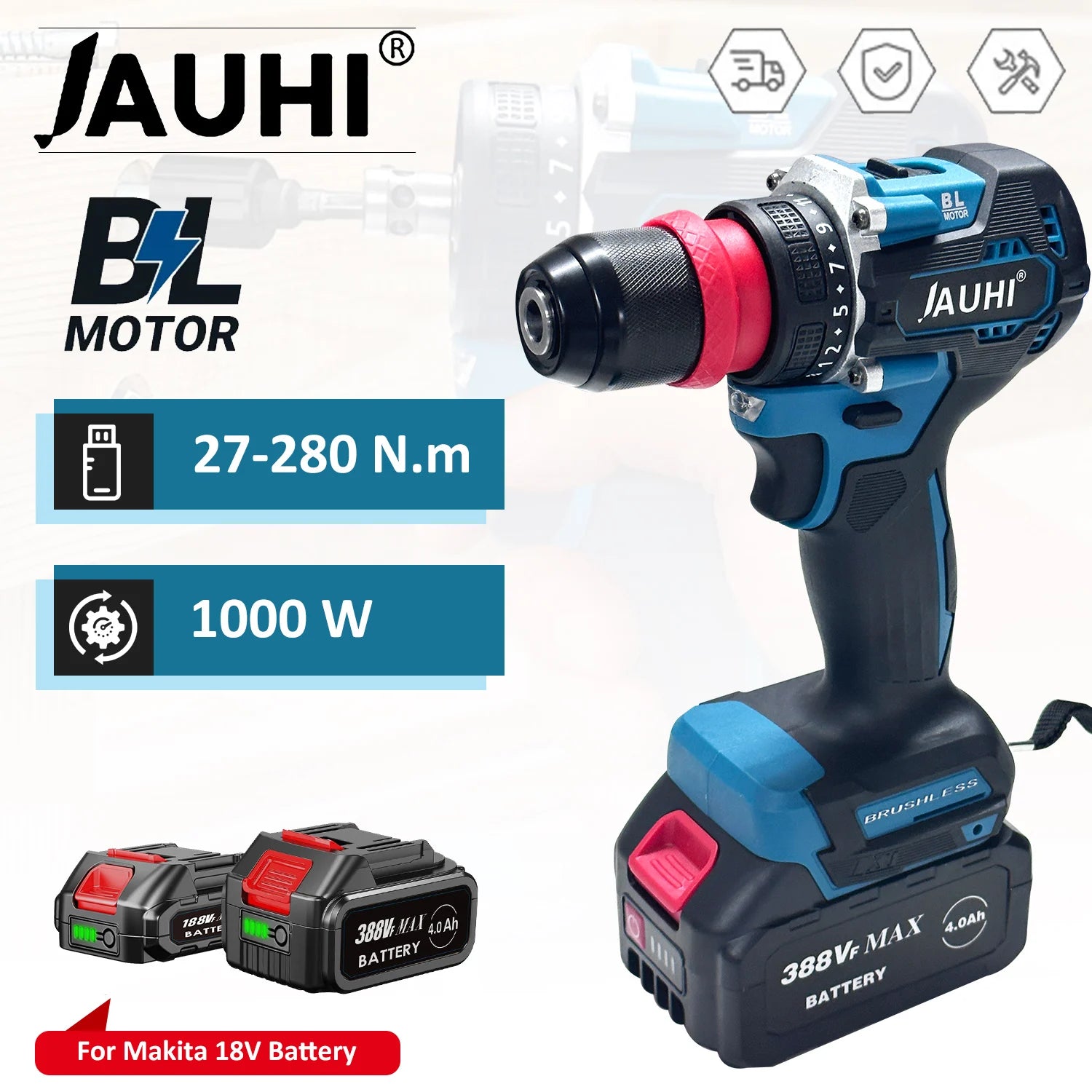 JAUHI 2in1 Brushless Electric Screwdriver 280N.m Multifunctional  Cordless Electric Screw Driver Drills for Makita 18V battery