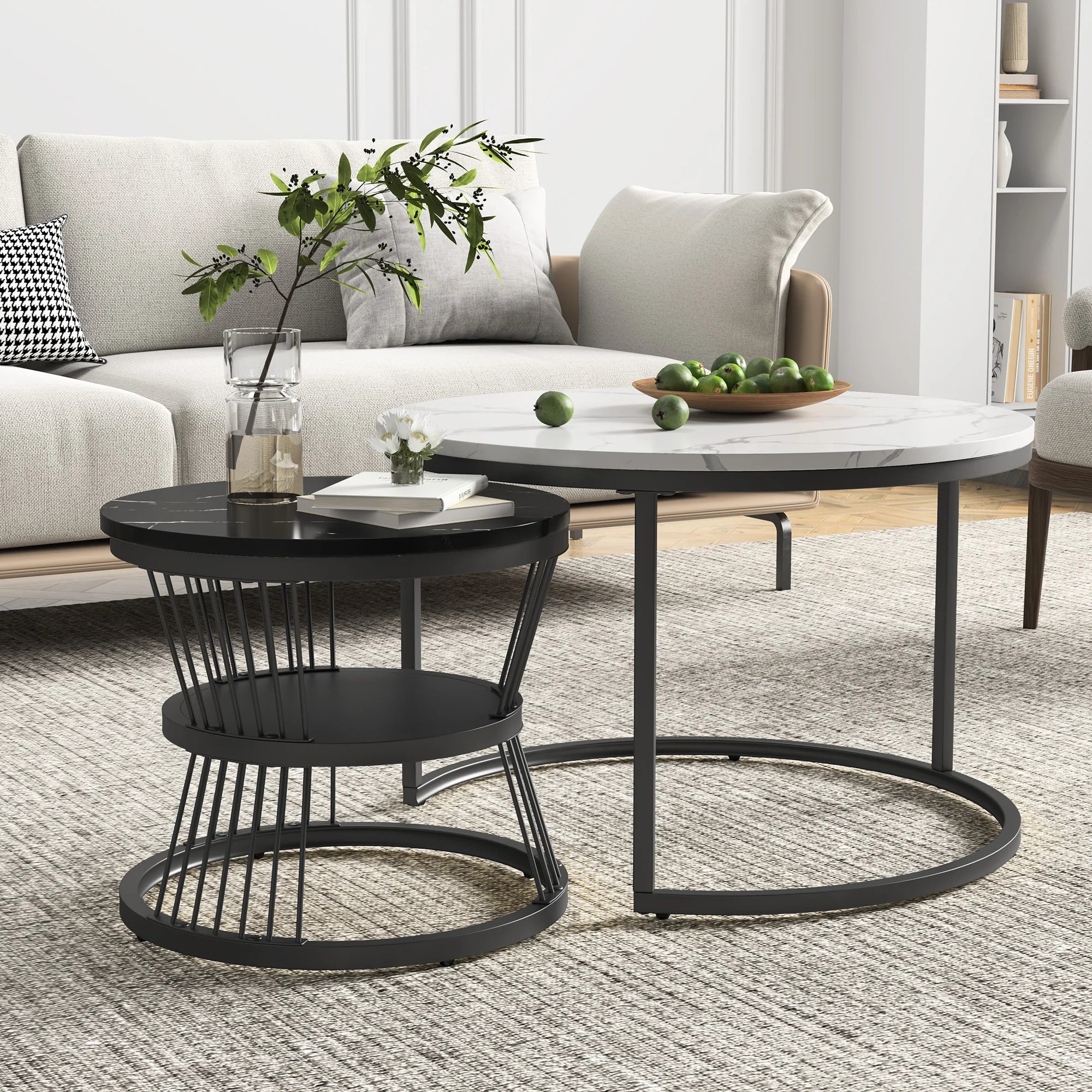 Anajqaqia Set of 2 Round Coffee Tables, Set Tables for Living Room, Stackable Sofa Table, Living Room Table, Black and White