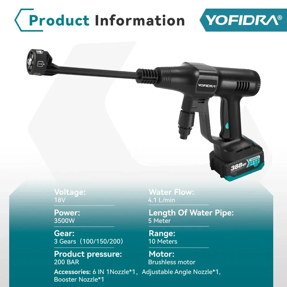 Yofidra 200Bar Brushless Electric Water Gun 3 Gears Cordless Rechargeable Car Garden Cleaning Tools For  18V Battery