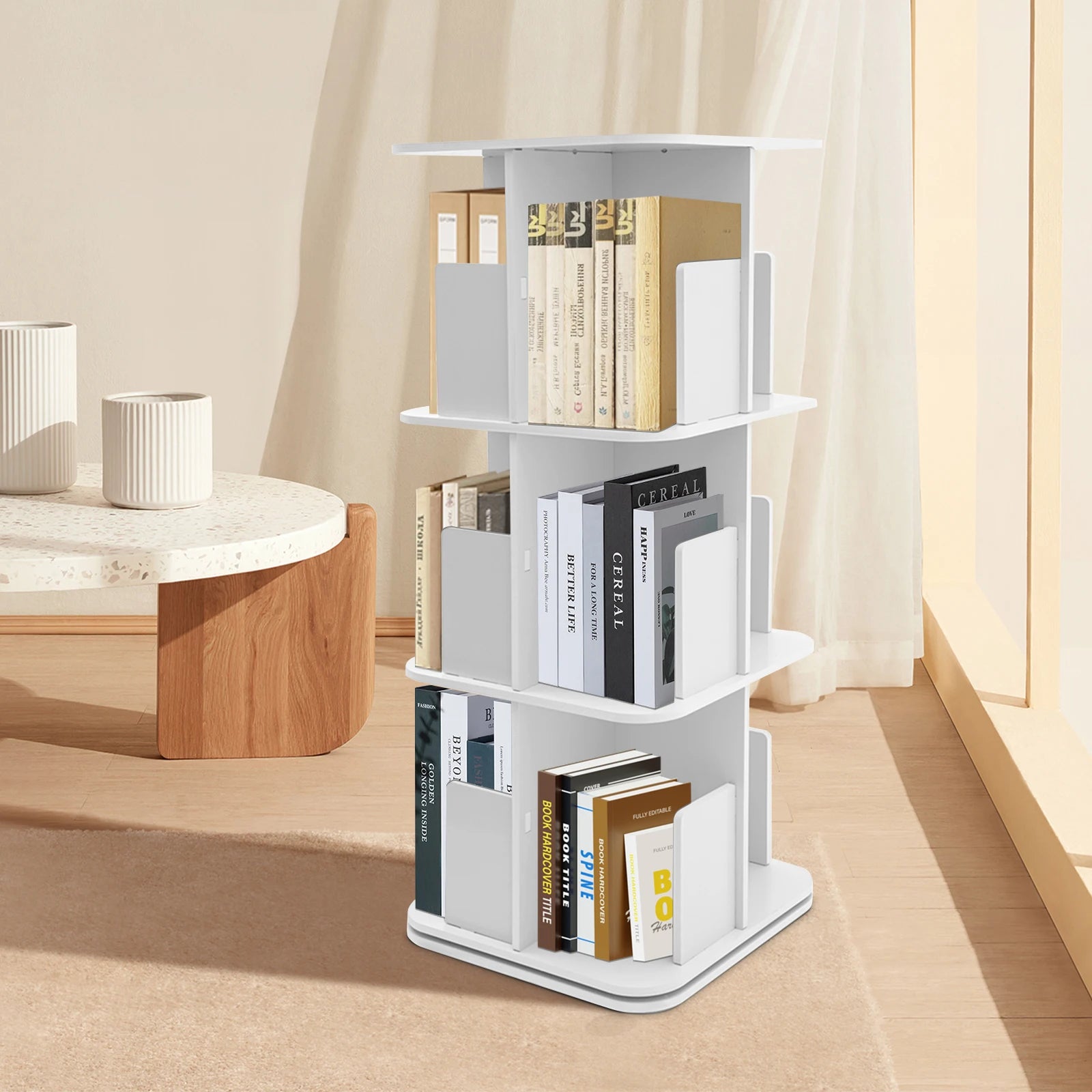 3 Shelves Rotating Bookcase with Desk Pad 360 Degree Rotating Stainless Steel Bookcase for Bedroom Office  Living Room White