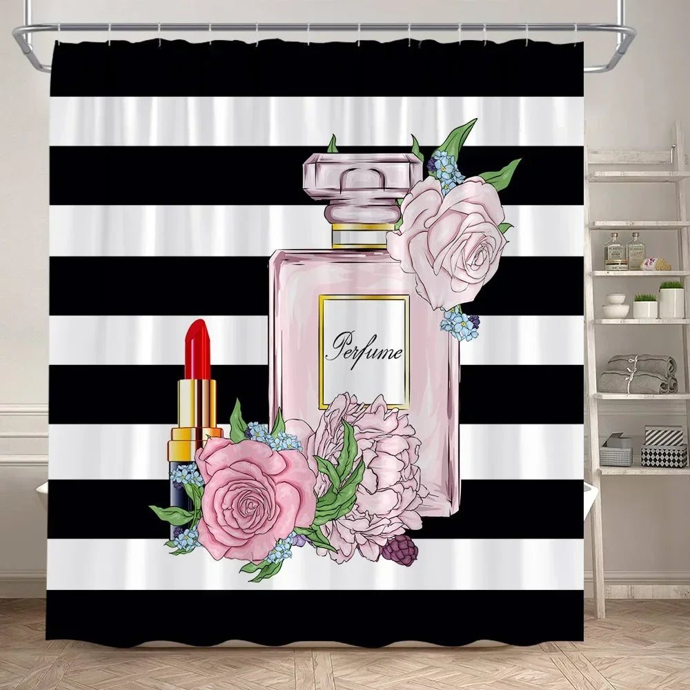 Fashion Perfume Shower Curtain Set Pink Rose Flower Modern Woman Girl Home Bathroom Decor Non Slip Rug Bath Mat Toilet Lid Cover