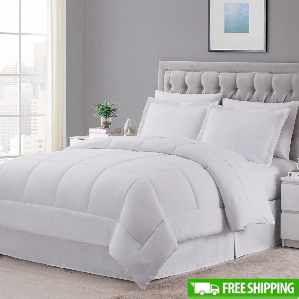 Hotel Dobby Stripe King Bed In A Bag 8 Piece Comforter Sheet Set Microfiber Baffle-Box Bedding Collection