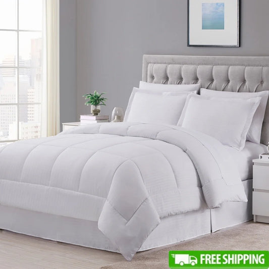 Hotel Dobby Stripe King Bed In A Bag 8 Piece Comforter Sheet Set Microfiber Baffle-Box Bedding Collection