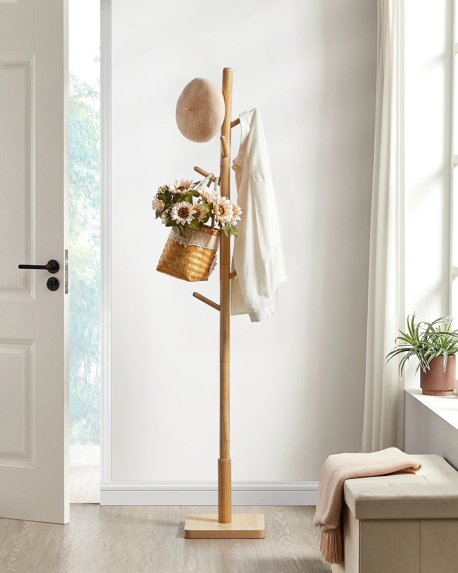 VASAGLE coat rack, dresses stand, solid wood, freestanding tree shape, 8 hooks for jackets, Hats, Bags, Entrance