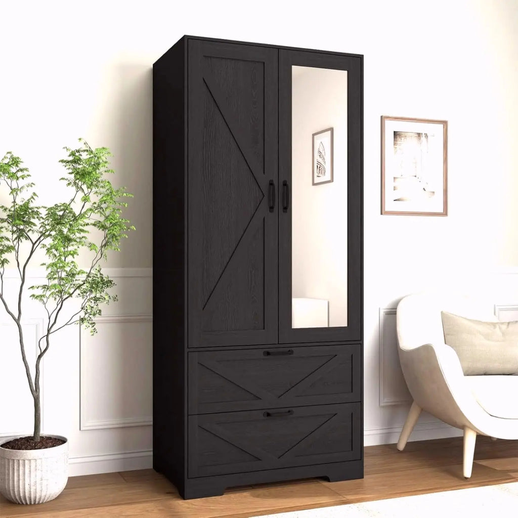 Armoire Wardrobe Closet with Doors & Mirror,72‘‘ Wardrobe Cabinet with 2 Drawers & Hanging Rod,Clothing Storage Adjustable Shelf