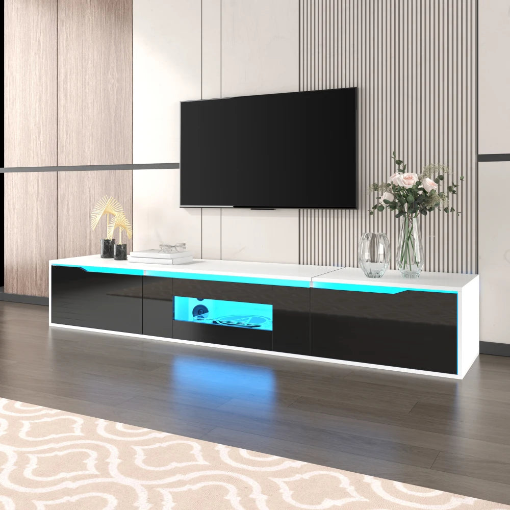 Modern TV Cabinet, High Gloss TV Stand, Color Matching To Black and White, with Color Changing LED Lighting, for Living Room