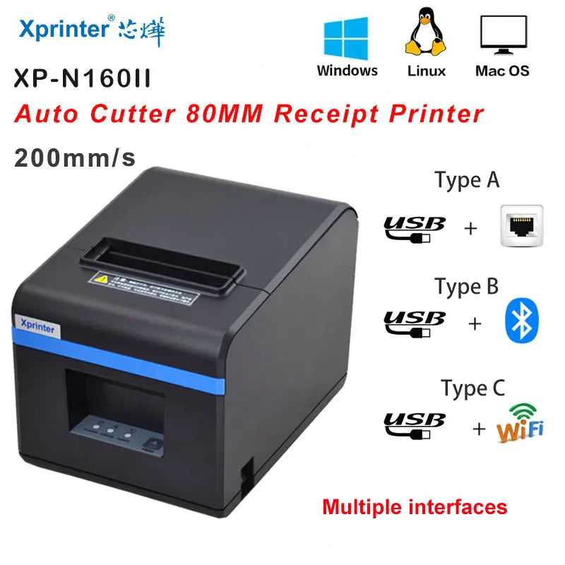 Xprinter 80mm Thermal Receipt Printer with Auto  cutter 200mm/s Print speed with USB+Ethernet/Bluetooth/wifi  XP-N160II 80T T80A
